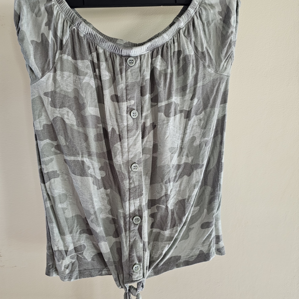 Justice Girls Gray Camo Button-Front Tie Hem Top